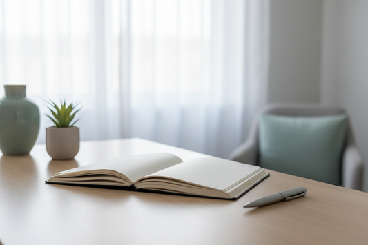 Therapist's desk with notebook and plant representing mental health practice HIPAA compliance