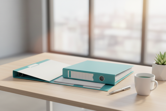 Organized binder on a desk representing a mental health practice policies and procedures manual
