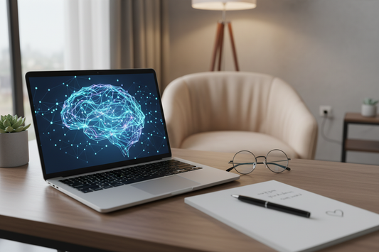 Laptop with AI visualization alongside a notepad representing AI use in mental health therapy