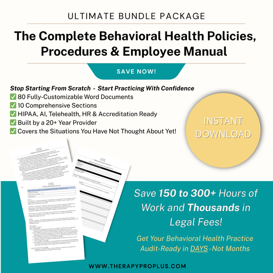 Advertisement for a behavioral health policies and procedures manual with text and documents on a white background.