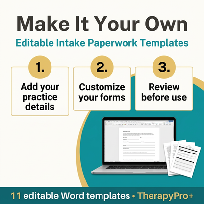 Customize intake paperwork in three steps: add practice details, customize forms, and review before use