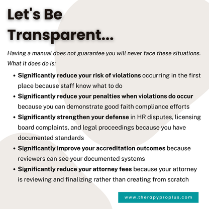 Text overlay on a white background with promotional message about compliance manual benefits.