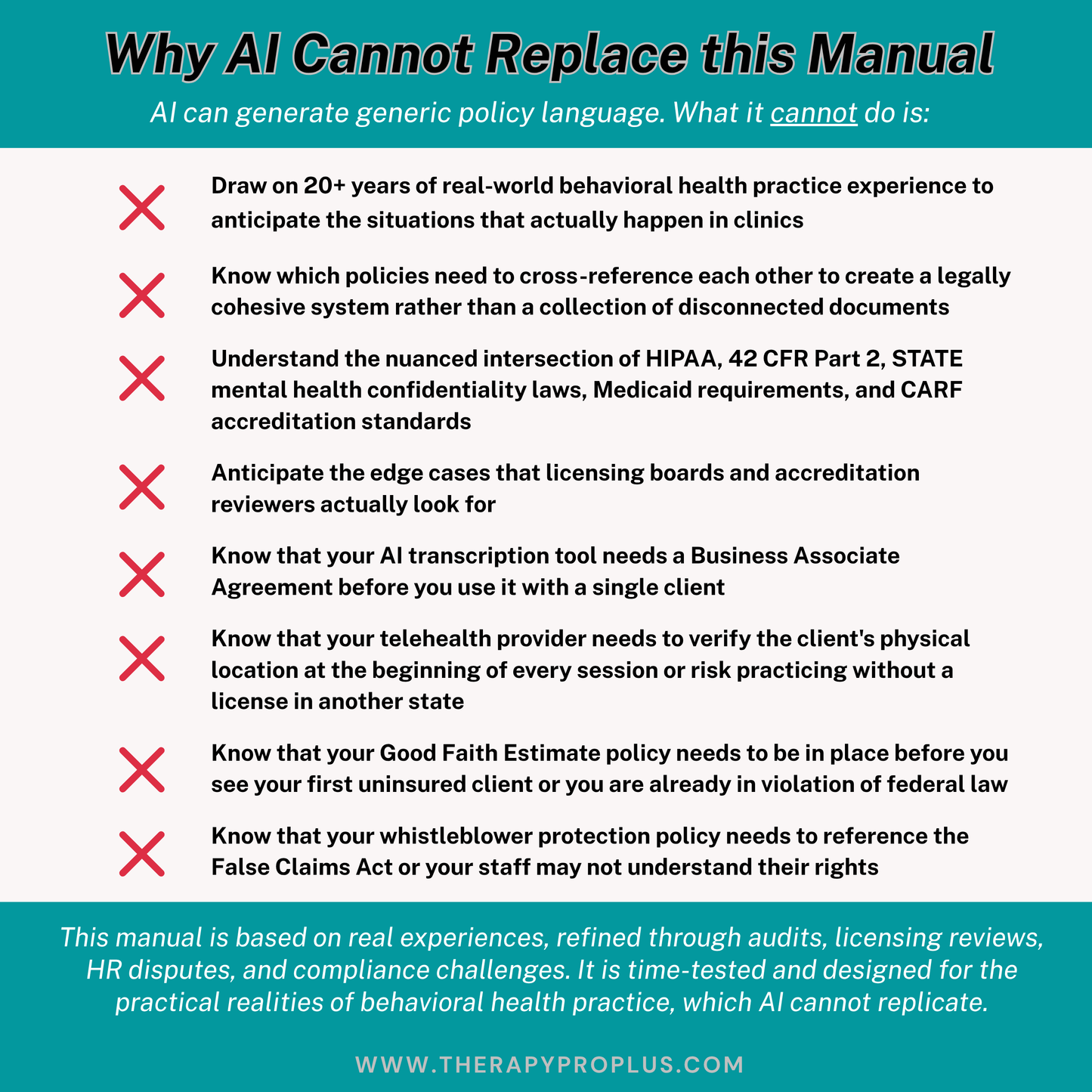 List of reasons why AI cannot replace a manual on behavioral health practice policies.