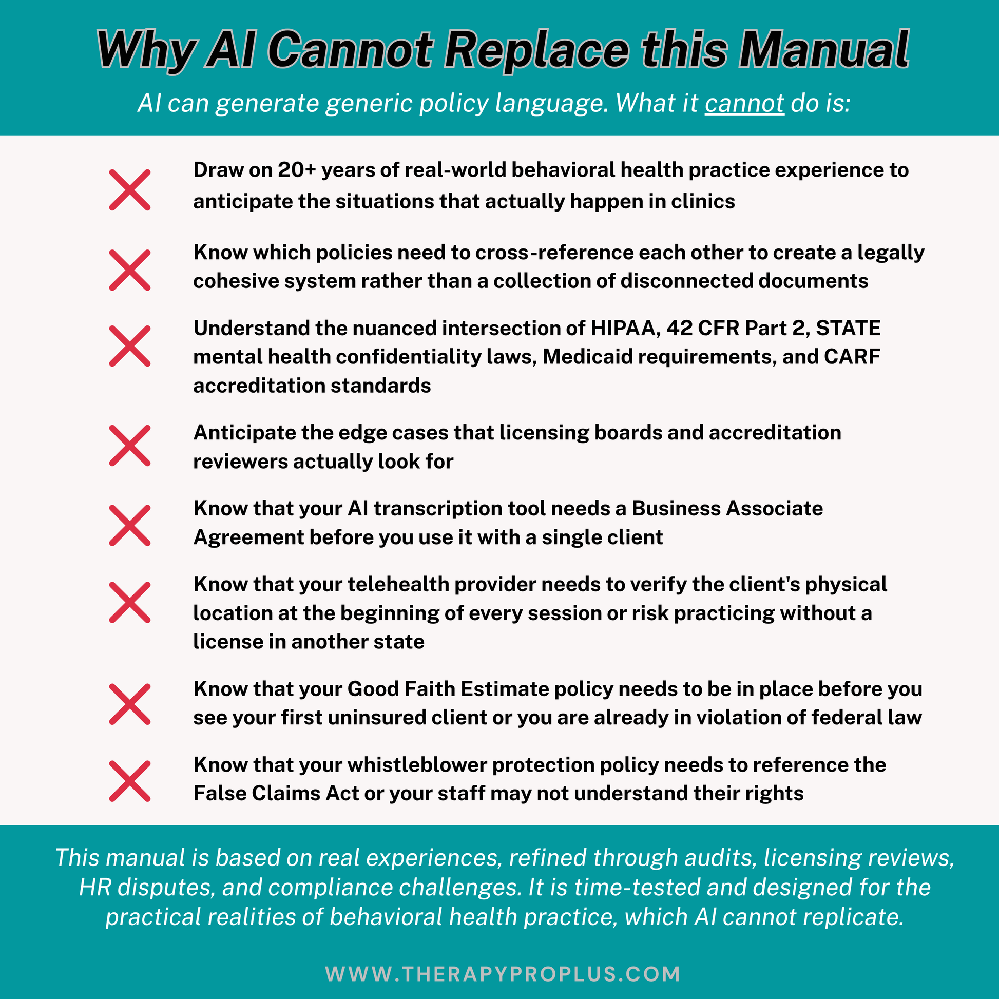 List of reasons why AI cannot replace a manual on behavioral health practice policies.