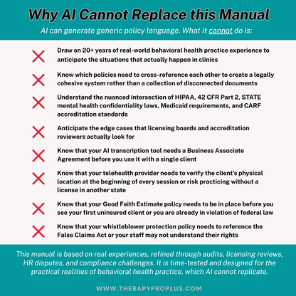 List of reasons why AI cannot replace a manual on behavioral health practice policies.
